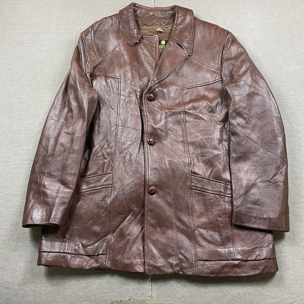 Vintage Fidelity Leathers Jacket Mens 46 Brown Genuine Motorcycle Trench Lined